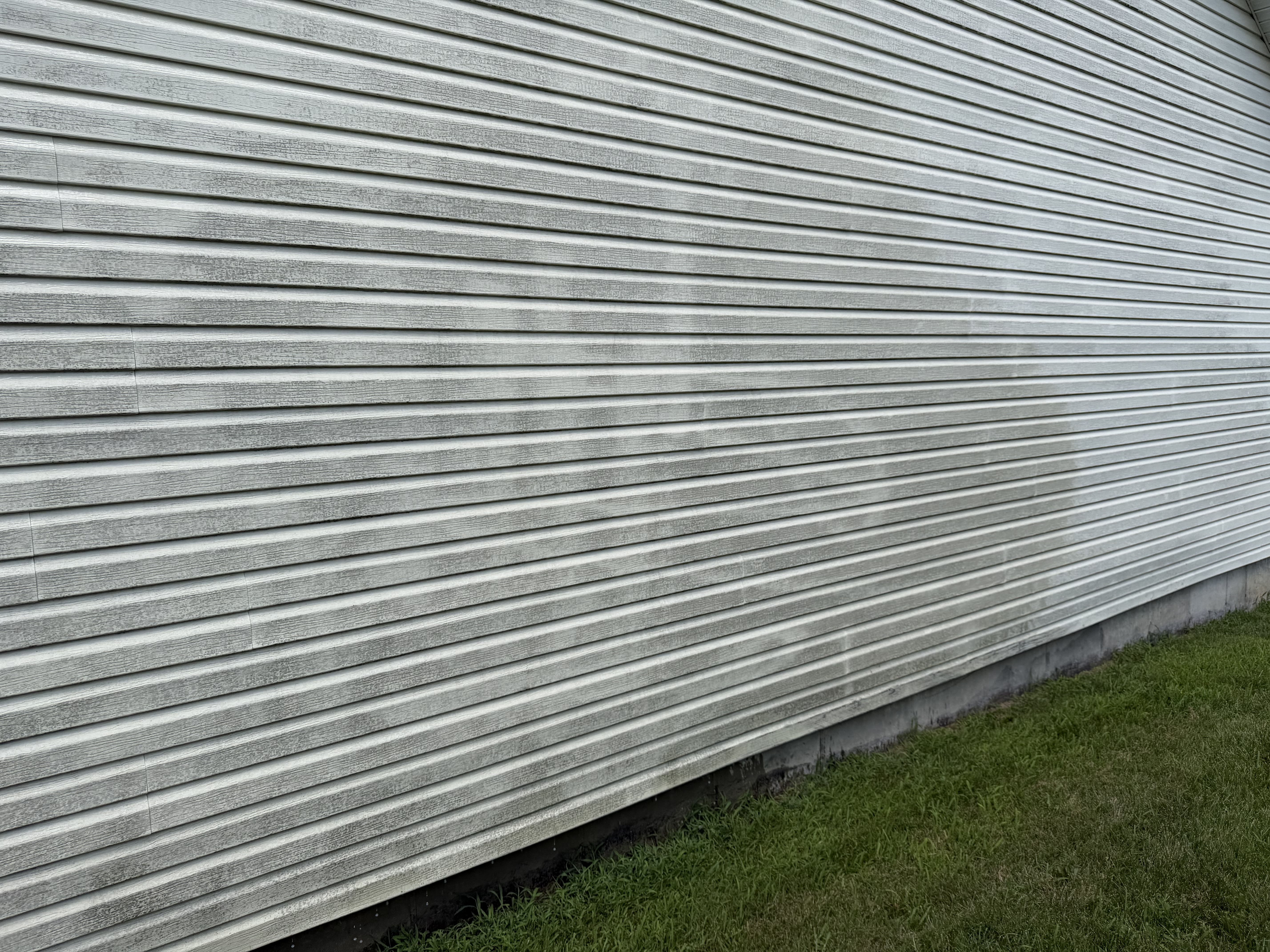 A siding wall with dark vertical streaks of organic growth and grime on a residential home.