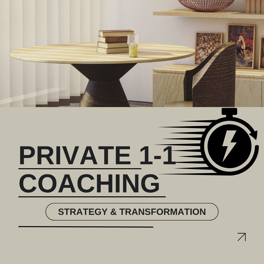 A modern room with a round wood table, stacked books, and a chair above a beige panel with a speed-lined stopwatch icon. Text reads: PRIVATE 1-1 COACHING. STRATEGY & TRANSFORMATION. Graphic by Jennifer Anne Garcia, Career Strategy Coach at bestresumecoach.com. #CareerCoaching #CareerStorytelling #BestResumeCoach