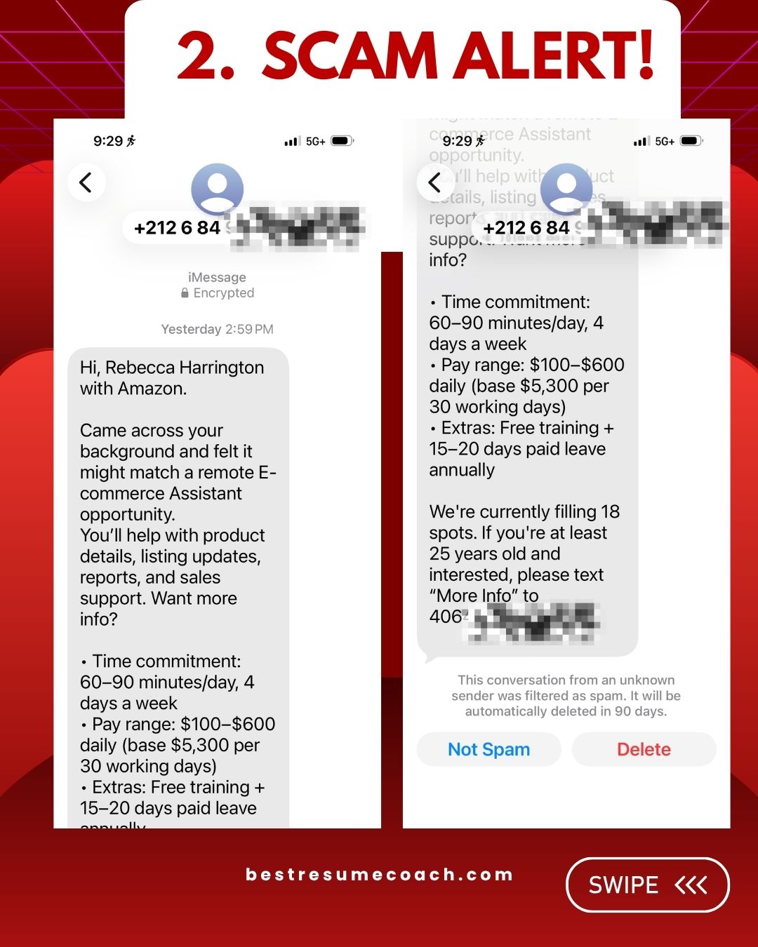 A "SCAM ALERT!" graphic showing a scam job text from an unknown international number claiming to be "Rebecca Harrington with Amazon." It offers a remote E-commerce Assistant role, 60-90 minutes a day for $100-$600 daily, and urges the reader to text for "More Info" because 18 spots are filling. The phone flagged it as spam. Text reads: bestresumecoach.com. Graphic by Jennifer Anne Garcia, Career Strategy Coach at bestresumecoach.com. #TipTuesday #JobScams #BestResumeCoach
