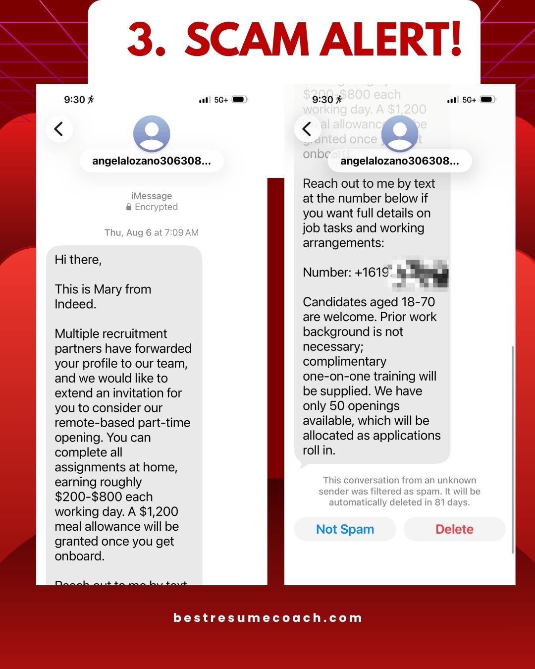 A "SCAM ALERT!" graphic showing screenshots of a scam job text from an unknown sender claiming to be "Mary from Indeed." It offers a remote part-time job earning $200-$800 a day plus a $1,200 meal allowance, says no experience is needed, and pressures the reader with only 50 openings. The phone flags it as filtered spam. Text reads: bestresumecoach.com. Graphic by Jennifer Anne Garcia, Career Strategy Coach at bestresumecoach.com. #TipTuesday #JobScams #BestResumeCoach