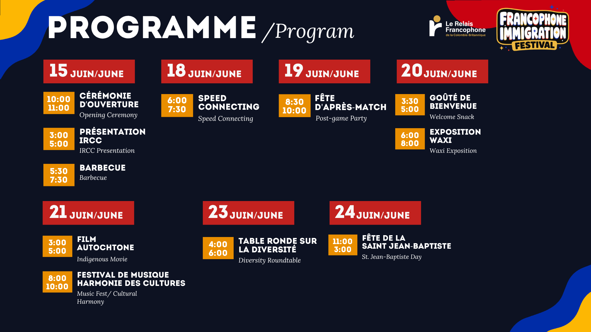 Programme des événements du Relais