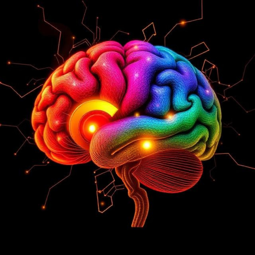 A vivid, stylized illustration of a human brain glowing in bright rainbow colors—red, orange, yellow, green, blue, and purple—set against a dark background. The brain appears illuminated with small glowing nodes and circuit-like lines radiating outward, suggesting neural activity, technology, or artificial intelligence A vivid, stylized illustration of a human brain glowing in bright rainbow colors—red, orange, yellow, green, blue, and purple—set against a dark background. The brain appears illuminated with small glowing nodes and circuit-like lines radiating outward, suggesting neural activity, technology, or artificial intelligence