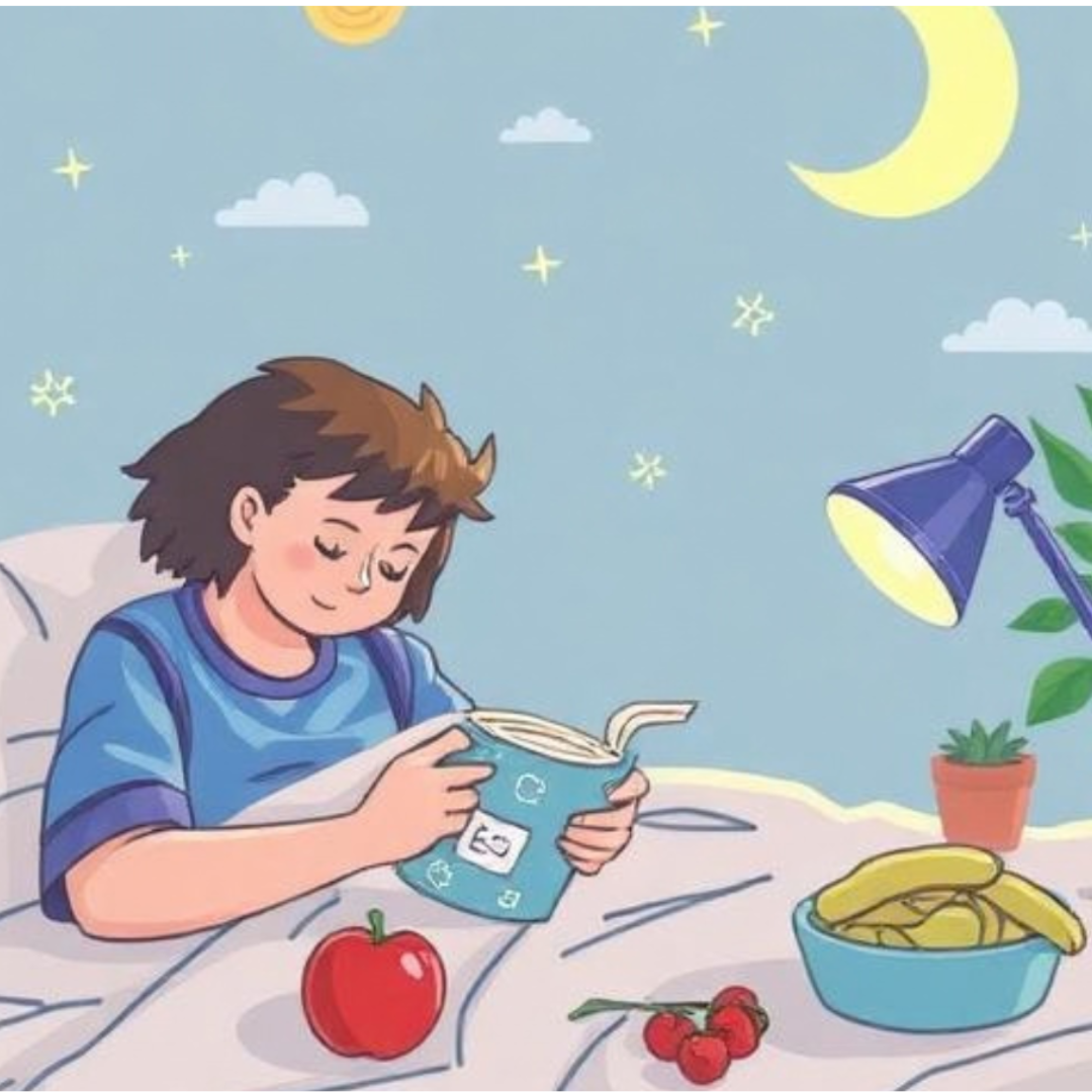 A child sits comfortably in bed at night reading a book under a lamp, with a moon and stars visible in the sky, while healthy snacks like an apple, cherries, and bananas sit nearby—illustrating the connection between sleep, nutrition, and healthy learning habits A child sits comfortably in bed at night reading a book under a lamp, with a moon and stars visible in the sky, while healthy snacks like an apple, cherries, and bananas sit nearby—illustrating the connection between sleep, nutrition, and healthy learning habits