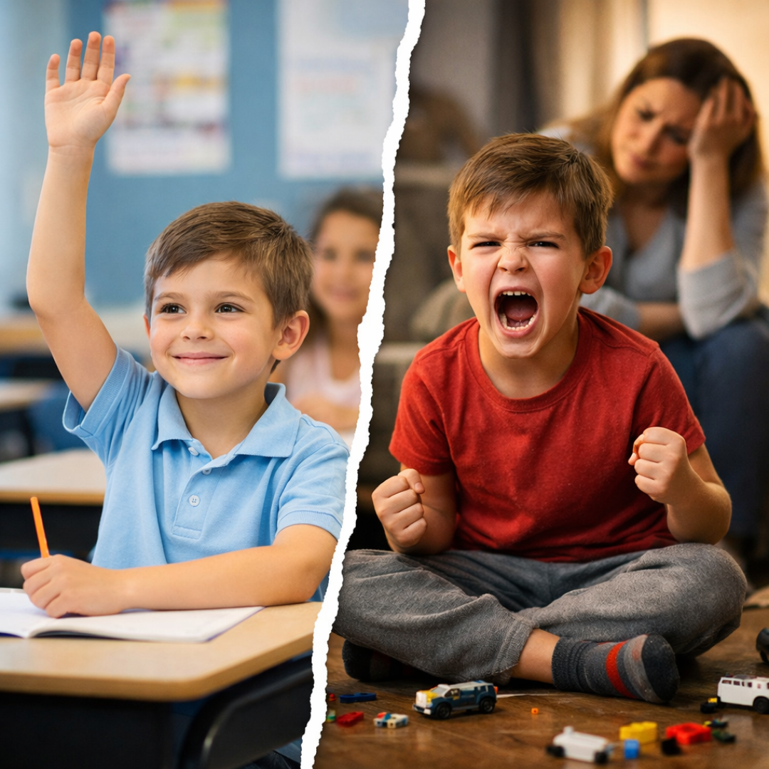 Split-scene illustration showing a child calmly participating in a classroom setting on one side and experiencing emotional distress and acting out at home on the other side, highlighting the contrast in behavior between school and home environments. Split-scene illustration showing a child calmly participating in a classroom setting on one side and experiencing emotional distress and acting out at home on the other side, highlighting the contrast in behavior between school and home environments.