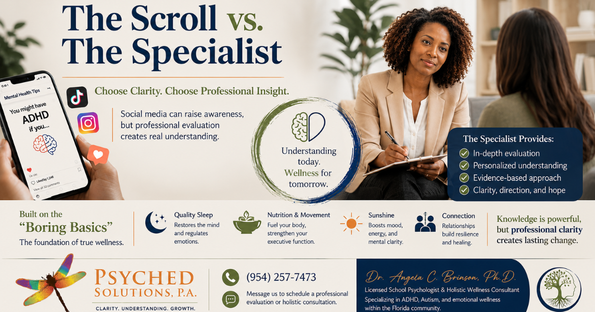 A professional horizontal banner for Psyched Solutions, P.A. comparing social media self-diagnosis with professional mental health evaluation. The design features a person scrolling through mental health content on a smartphone alongside a psychologist conducting an in-depth consultation. The banner highlights the importance of professional clarity, evidence-based evaluation, emotional wellness, ADHD and autism support, and healthy lifestyle foundations such as sleep, nutrition, sunshine, and connection. A professional horizontal banner for Psyched Solutions, P.A. comparing social media self-diagnosis with professional mental health evaluation. The design features a person scrolling through mental health content on a smartphone alongside a psychologist conducting an in-depth consultation. The banner highlights the importance of professional clarity, evidence-based evaluation, emotional wellness, ADHD and autism support, and healthy lifestyle foundations such as sleep, nutrition, sunshine, and connection.