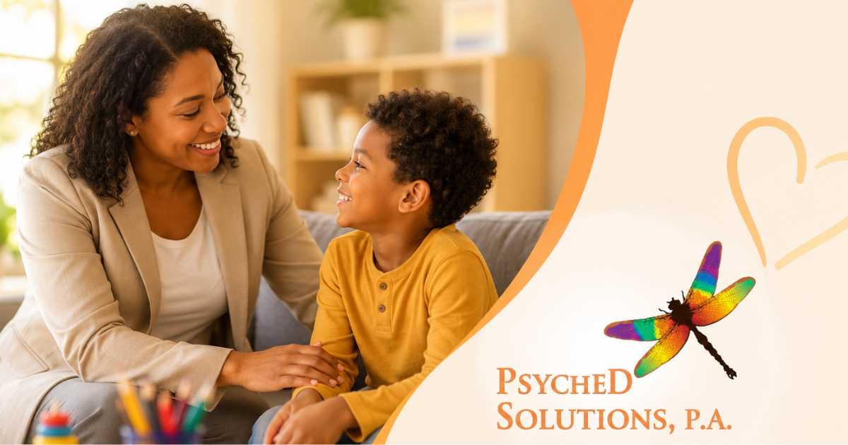 A warm and welcoming child psychology consultation scene featuring a smiling school psychologist working with a young brown child at a table with pencils and learning materials. The bright, modern office includes the PsycheD Solutions, P.A. logo with a colorful dragonfly design, creating a supportive and child-friendly atmosphere focused on emotional wellness and educational support.