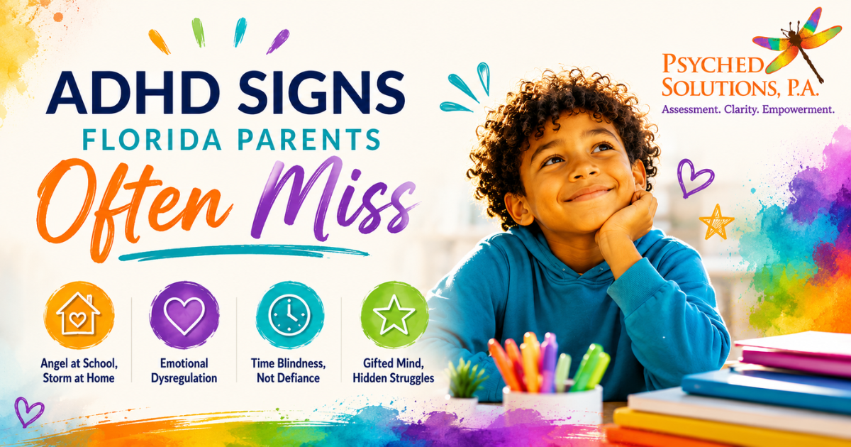 Bright and colorful ADHD awareness poster by Psyched Solutions, P.A. featuring a smiling school-age child and educational text about overlooked ADHD signs in children, including emotional dysregulation, time blindness, masking behaviors, and gifted students struggling silently. The design includes vibrant watercolor elements, supportive messaging, and the Psyched Solutions dragonfly logo.