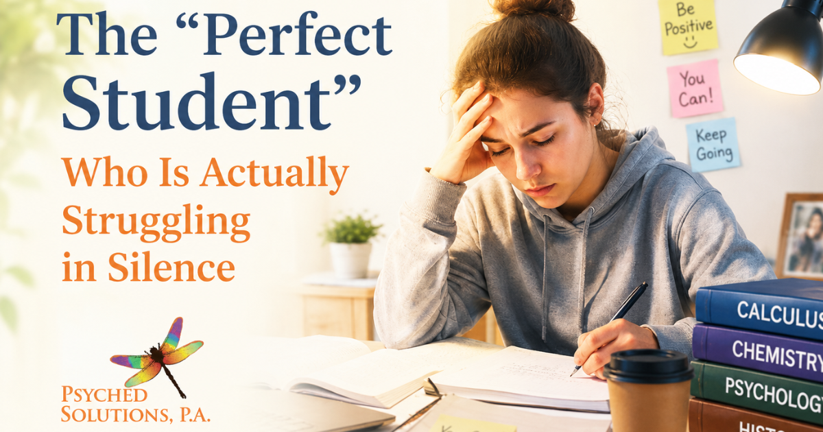 A bright, professionally designed mental health awareness graphic featuring a young student studying at a desk. The student appears stressed and overwhelmed, holding her forehead while writing in a notebook. Textbooks, a laptop, sticky notes, and a coffee cup are arranged around her workspace. On the left side, large text reads: “The ‘Perfect Student’ Who Is Actually Struggling in Silence.” The colorful dragonfly logo of Psyched Solutions, P.A. appears at the bottom left. The overall design uses warm lighting and a clean, uplifting layout to highlight the hidden emotional struggles that high-achieving students may experience.