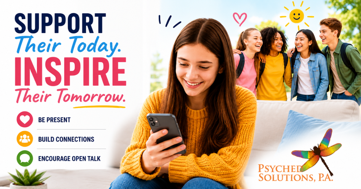 Teen girl using a smartphone while smiling teens socialize in the background, promoting awareness of social media's impact on youth mental health, resilience, healthy relationships, and open communication by Psyched Solutions, P.A