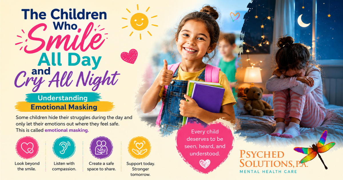 Illustration showing a smiling child during the day and a sad child at night, raising awareness about emotional masking in children and the importance of recognizing hidden mental health struggles. Illustration showing a smiling child during the day and a sad child at night, raising awareness about emotional masking in children and the importance of recognizing hidden mental health struggles.