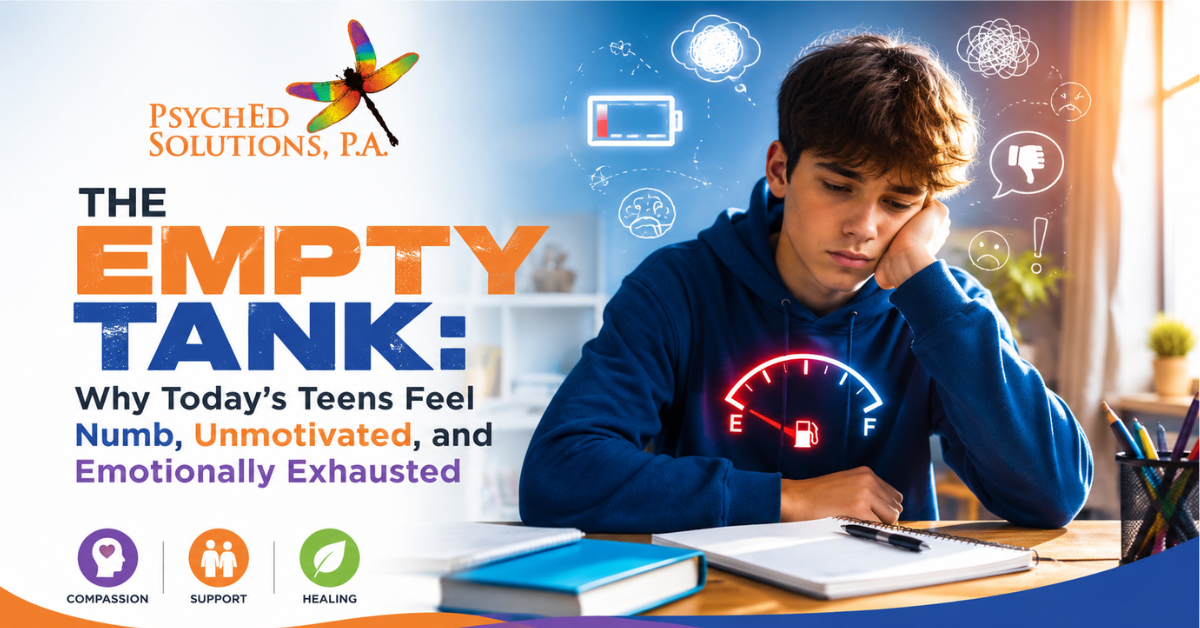 A bright educational graphic from PsychEd Solutions, P.A. showing a teenager looking emotionally drained with a low fuel gauge symbol, illustrating why today's teens may feel numb, unmotivated, and emotionally exhausted. The image emphasizes adolescent mental health, emotional well-being, and the importance of professional psychological support
