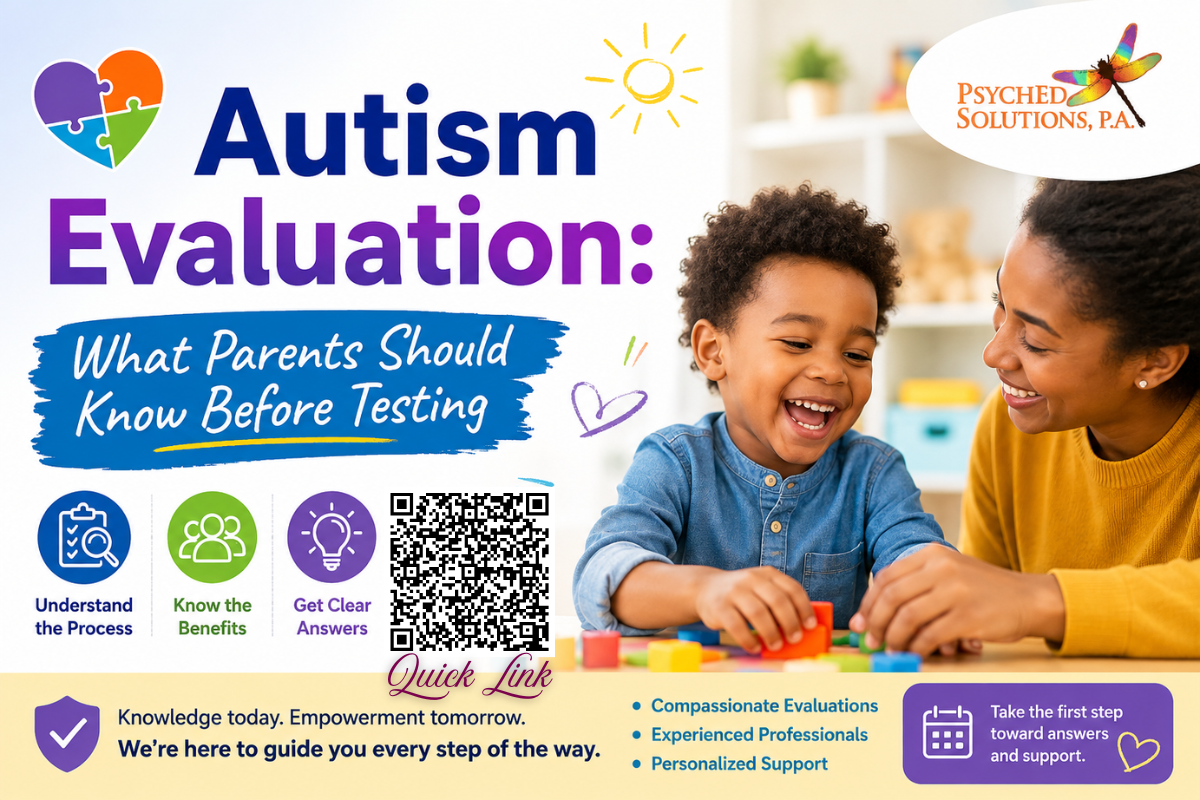 Parent and young child participating in an autism evaluation activity, illustrating early autism assessment, developmental screening, and family support. PsychEd Solutions, P.A.