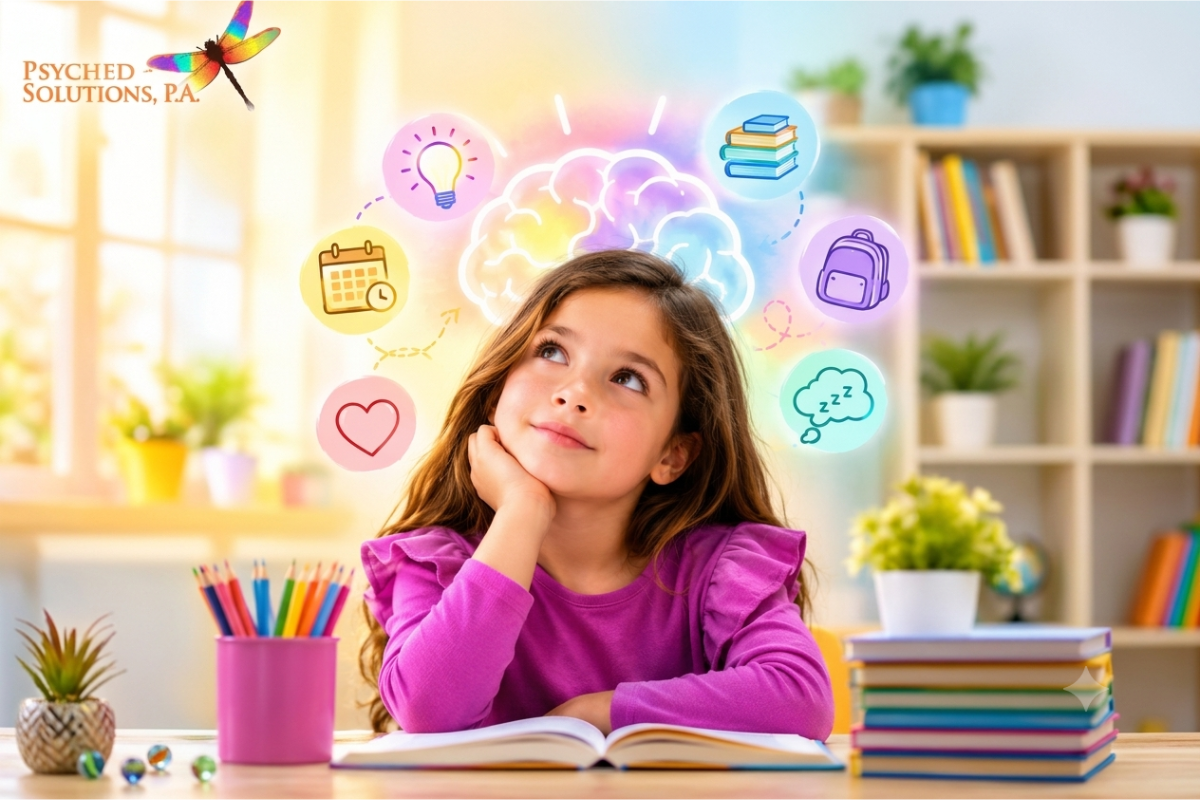 Bright educational illustration of a girl learning with visual symbols representing ADHD, focus, emotions, sleep, and school challenges