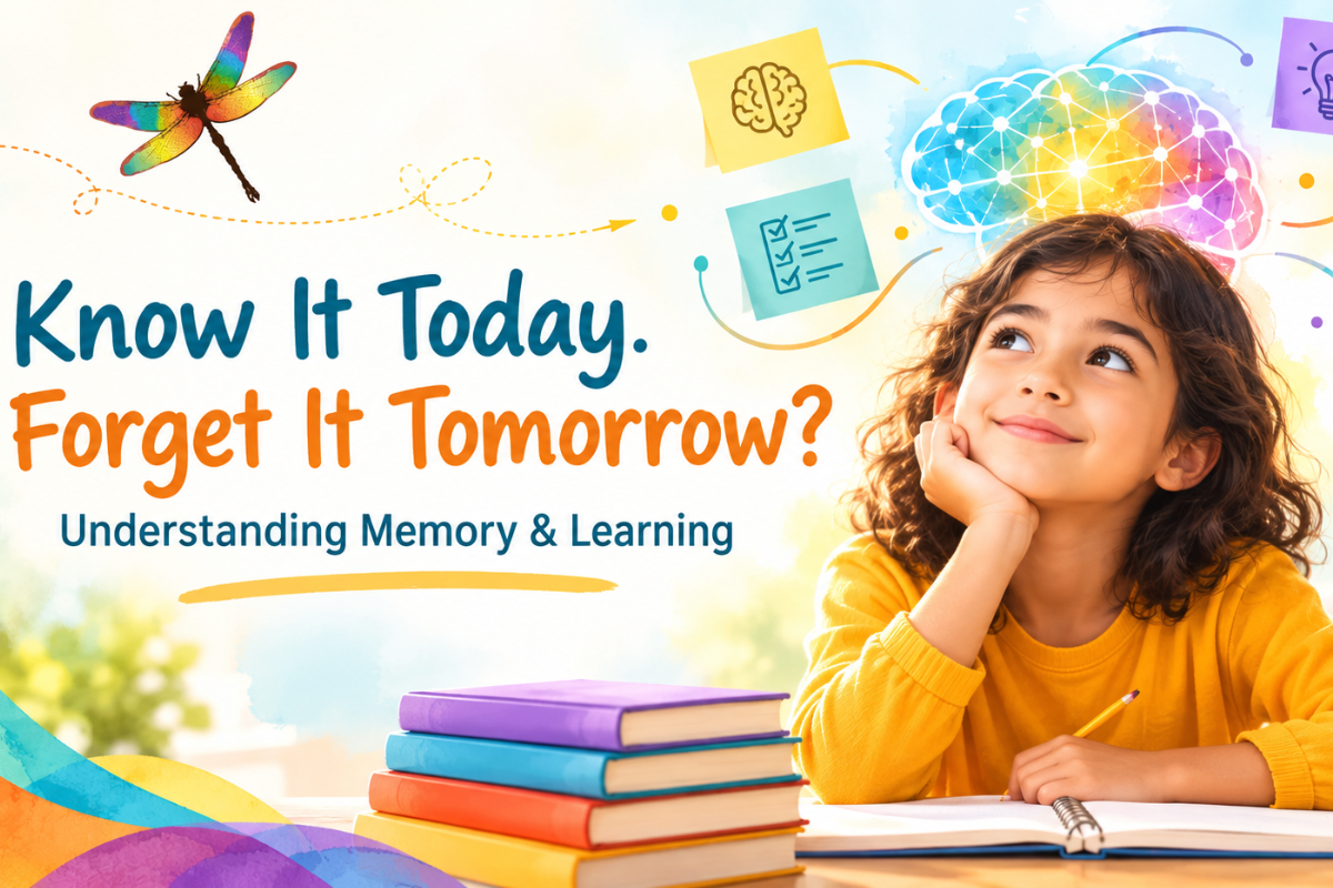 Bright PsychEd Solutions graphic featuring a child studying with colorful books, alongside brain and lightbulb illustrations, with the headline ‘Know It Today. Forget It Tomorrow?’ and the subtitle ‘Understanding Memory & Learning.
