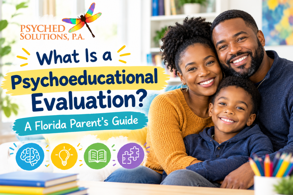 Black family with a young boy featured in a bright educational graphic about psychoeducational evaluations for Florida parents.