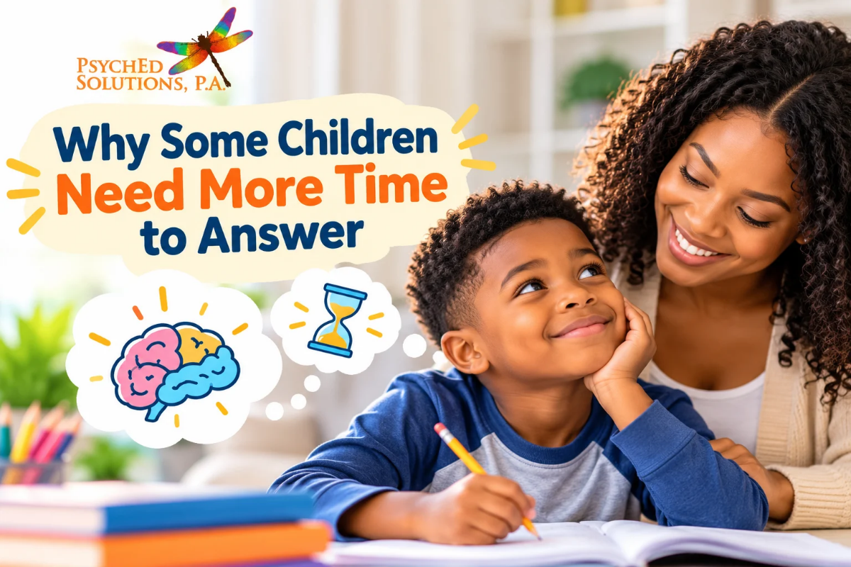 Black mother supporting her son during homework, illustrating how some children need more time to process information and answer questions