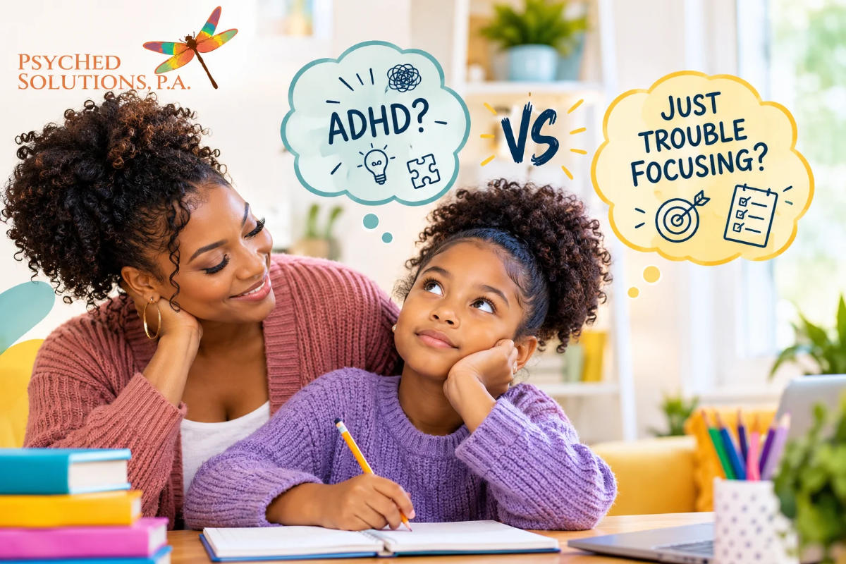 Black mother supporting her daughter with schoolwork, illustrating the difference between ADHD and everyday trouble focusing for PsychEd Solutions, P.A.