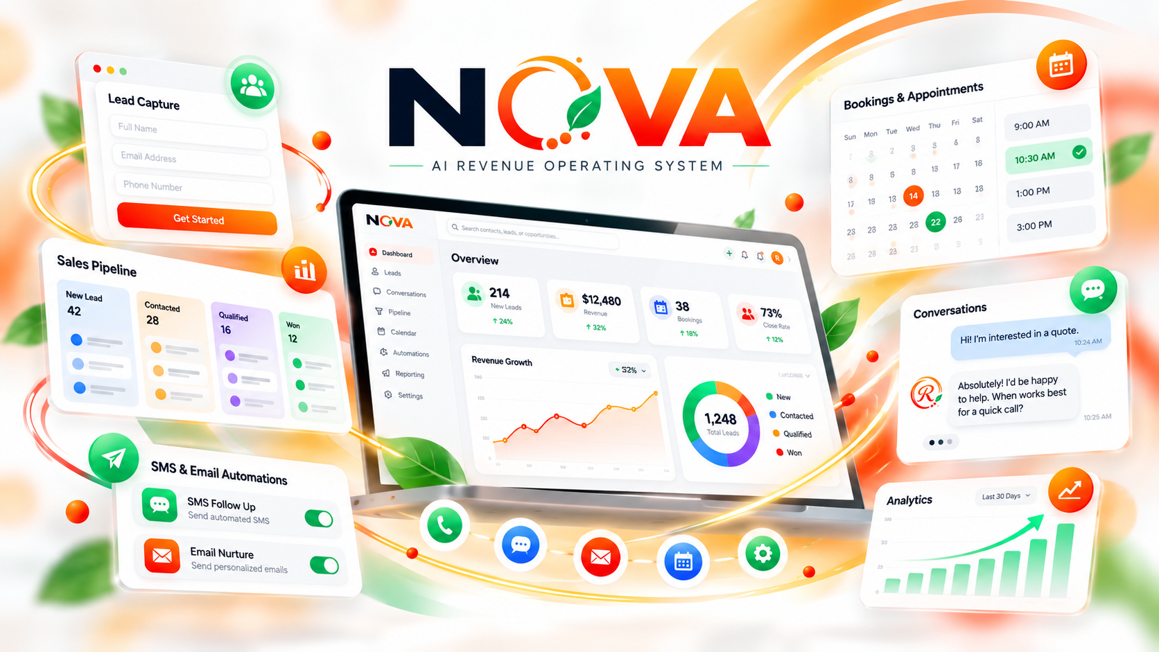 NOVA AI Revenue Operating System showing CRM, lead capture, conversations, automation, appointments and analytics