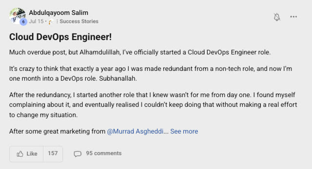 Member success post from the CoderCo community