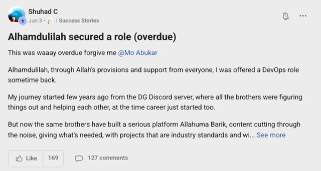Member success post from the CoderCo community