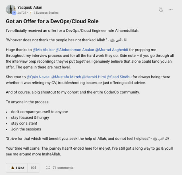 Member success post from the CoderCo community