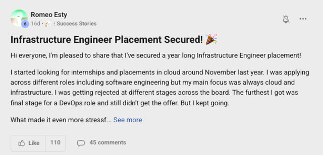 Member success post from the CoderCo community