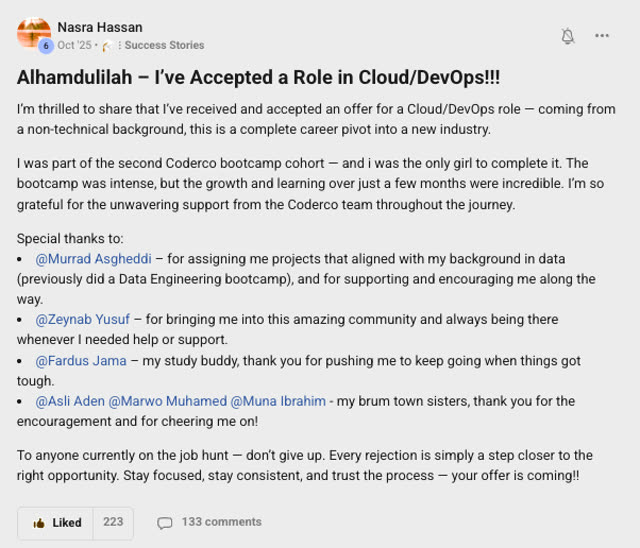 Member success post from the CoderCo community