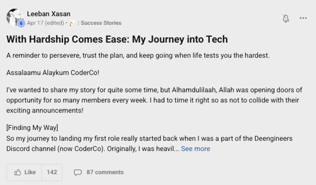 Member success post from the CoderCo community