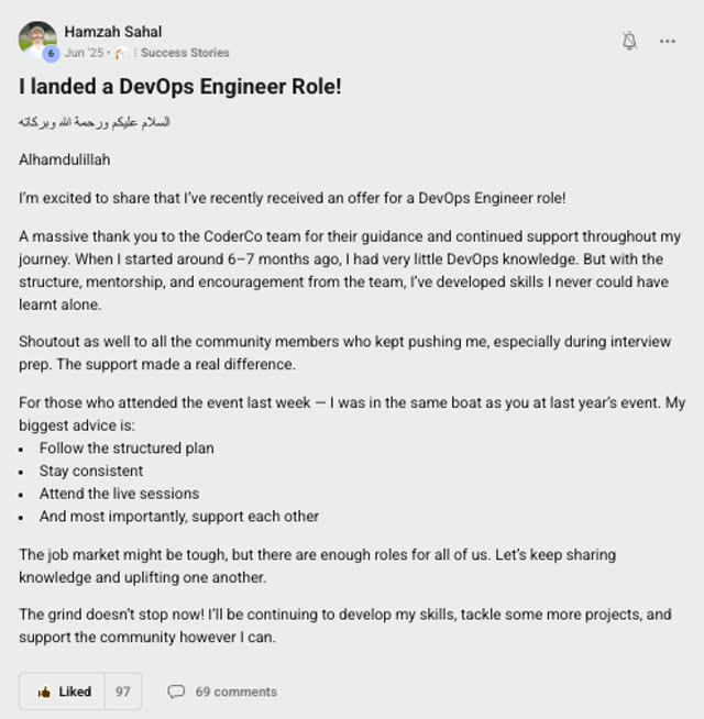 Member success post from the CoderCo community