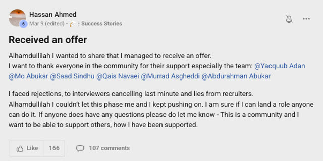 Member success post from the CoderCo community