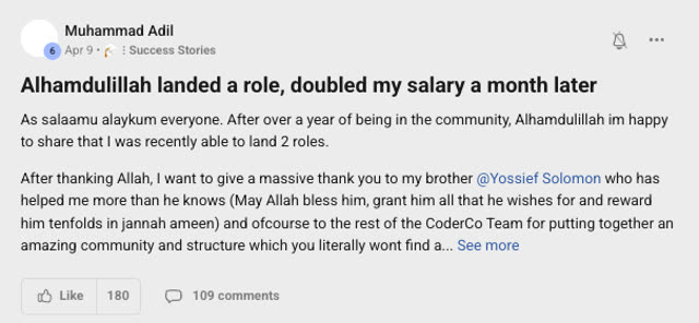 Member success post from the CoderCo community