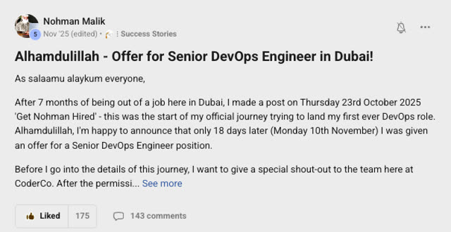 Member success post from the CoderCo community