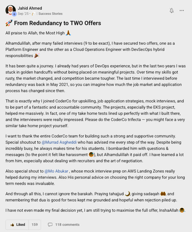 Member success post from the CoderCo community