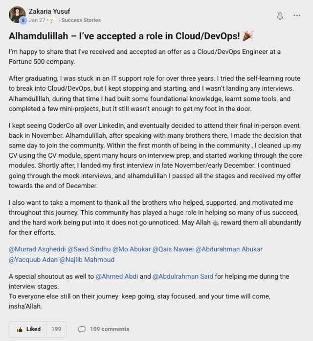 Member success post from the CoderCo community