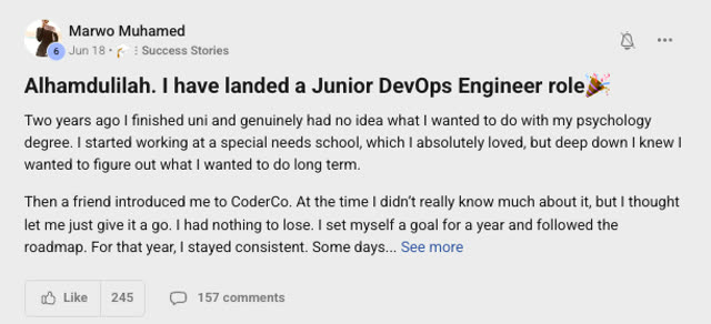 Member success post from the CoderCo community