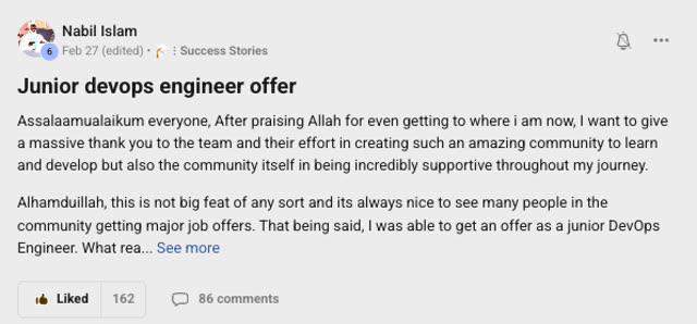 Member success post from the CoderCo community