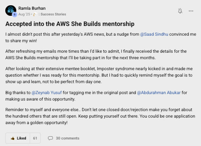 Member success post from the CoderCo community
