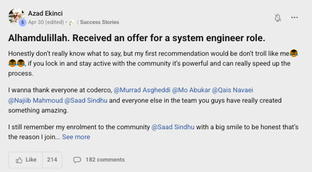 Member success post from the CoderCo community
