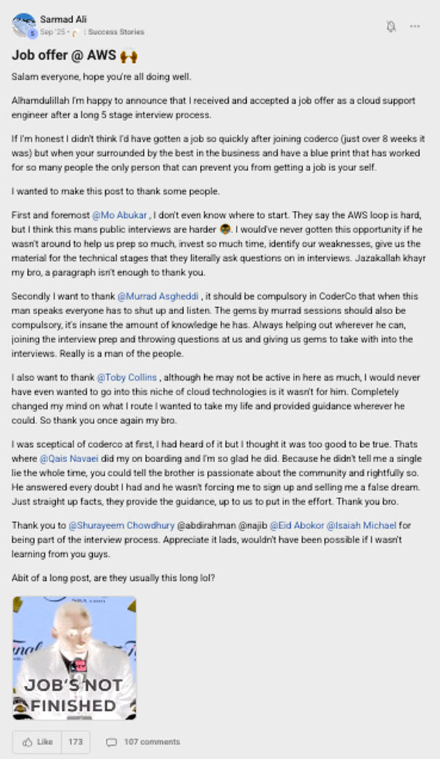 Member success post from the CoderCo community