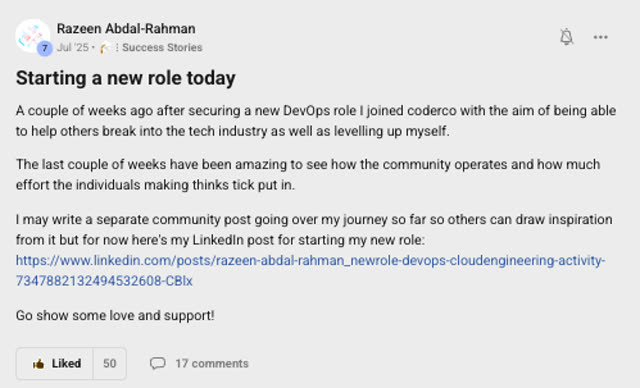 Member success post from the CoderCo community