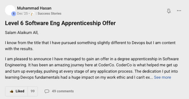 Member success post from the CoderCo community