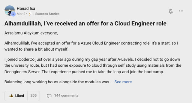 Member success post from the CoderCo community