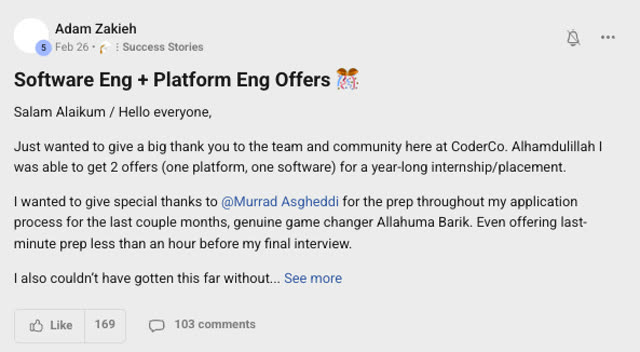 Member success post from the CoderCo community