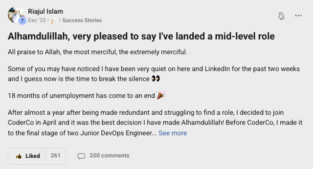 Member success post from the CoderCo community