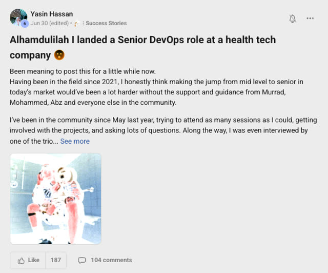 Member success post from the CoderCo community