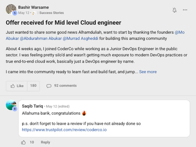 Member success post from the CoderCo community