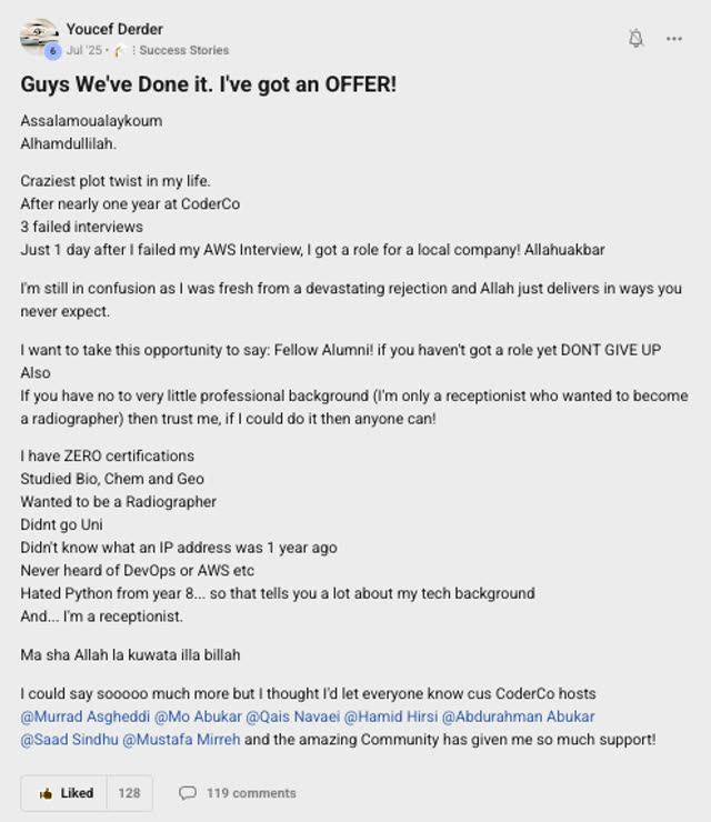 Member success post from the CoderCo community