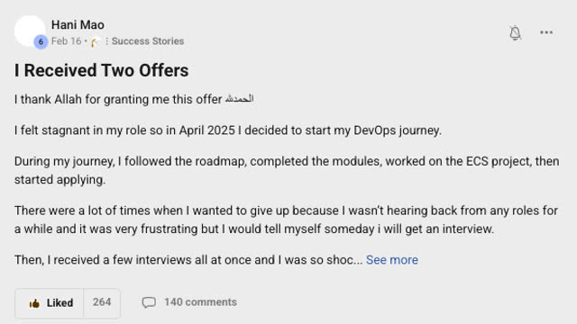 Member success post from the CoderCo community
