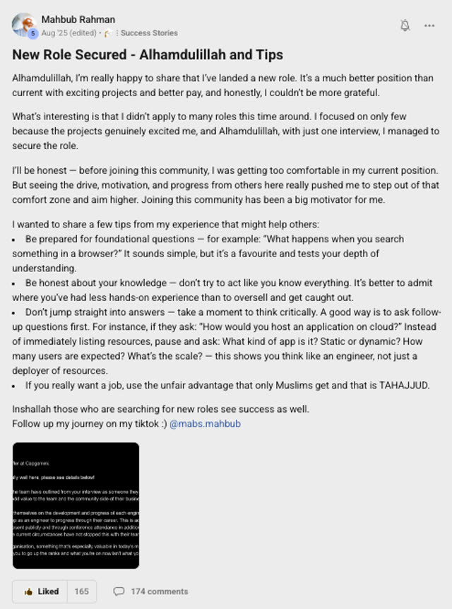 Member success post from the CoderCo community