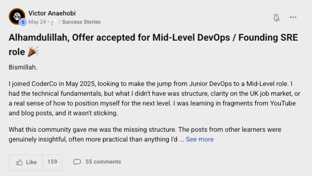 Member success post from the CoderCo community